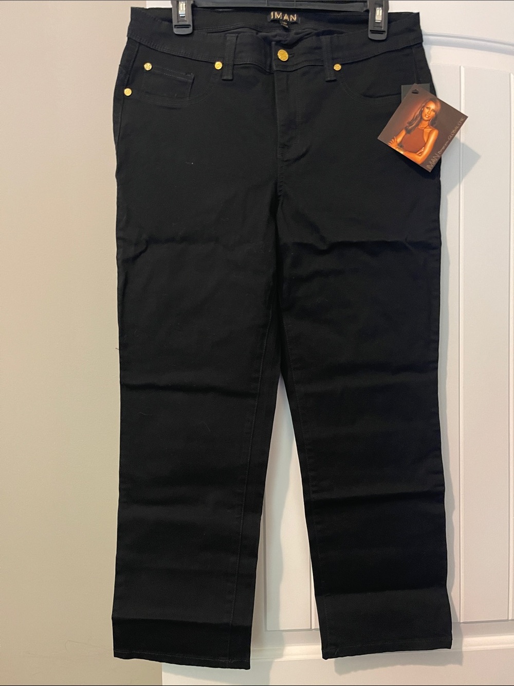 IMAN Black Straight-Leg Women's Chinos with Gold-Tone Accents